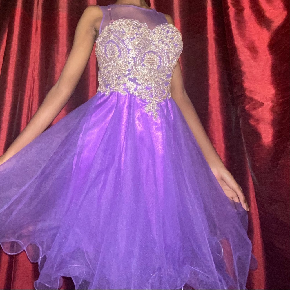 purple and gold cocktail dress
